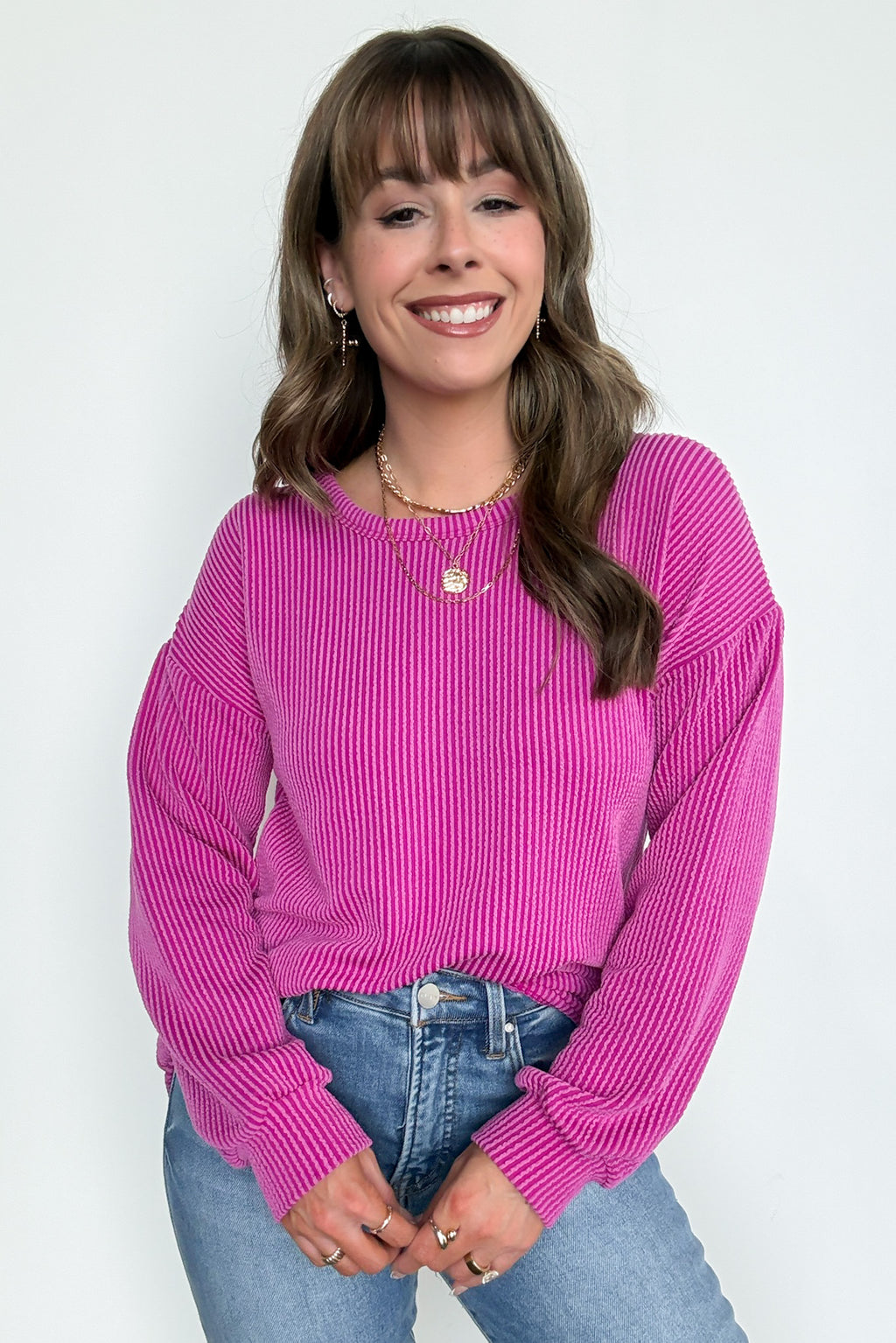 Magenta / S Taryn Ribbed Knit Puff Sleeve Top - FINAL SALE - Madison and Mallory