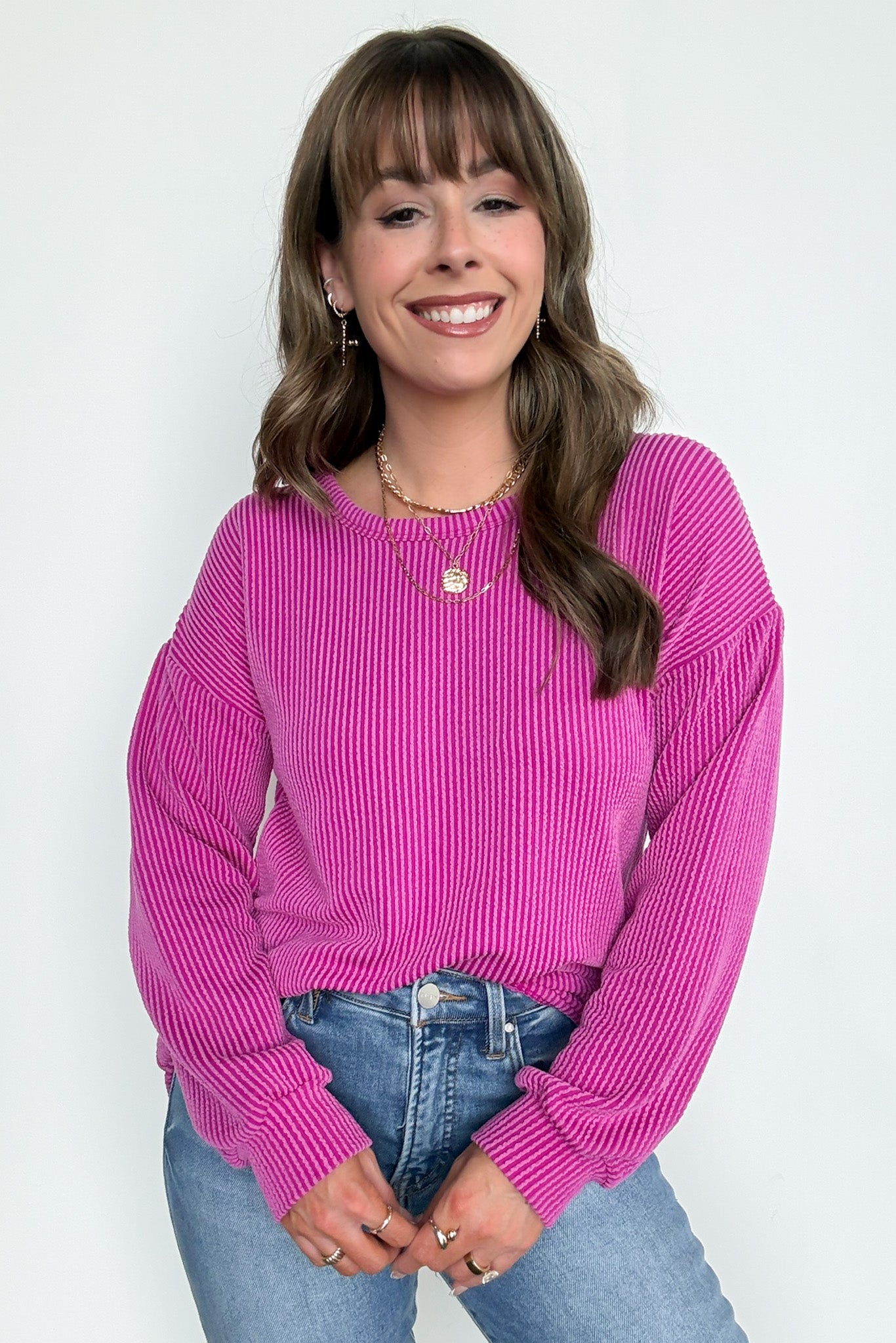 Magenta / S Taryn Ribbed Knit Puff Sleeve Top - FINAL SALE - Madison and Mallory