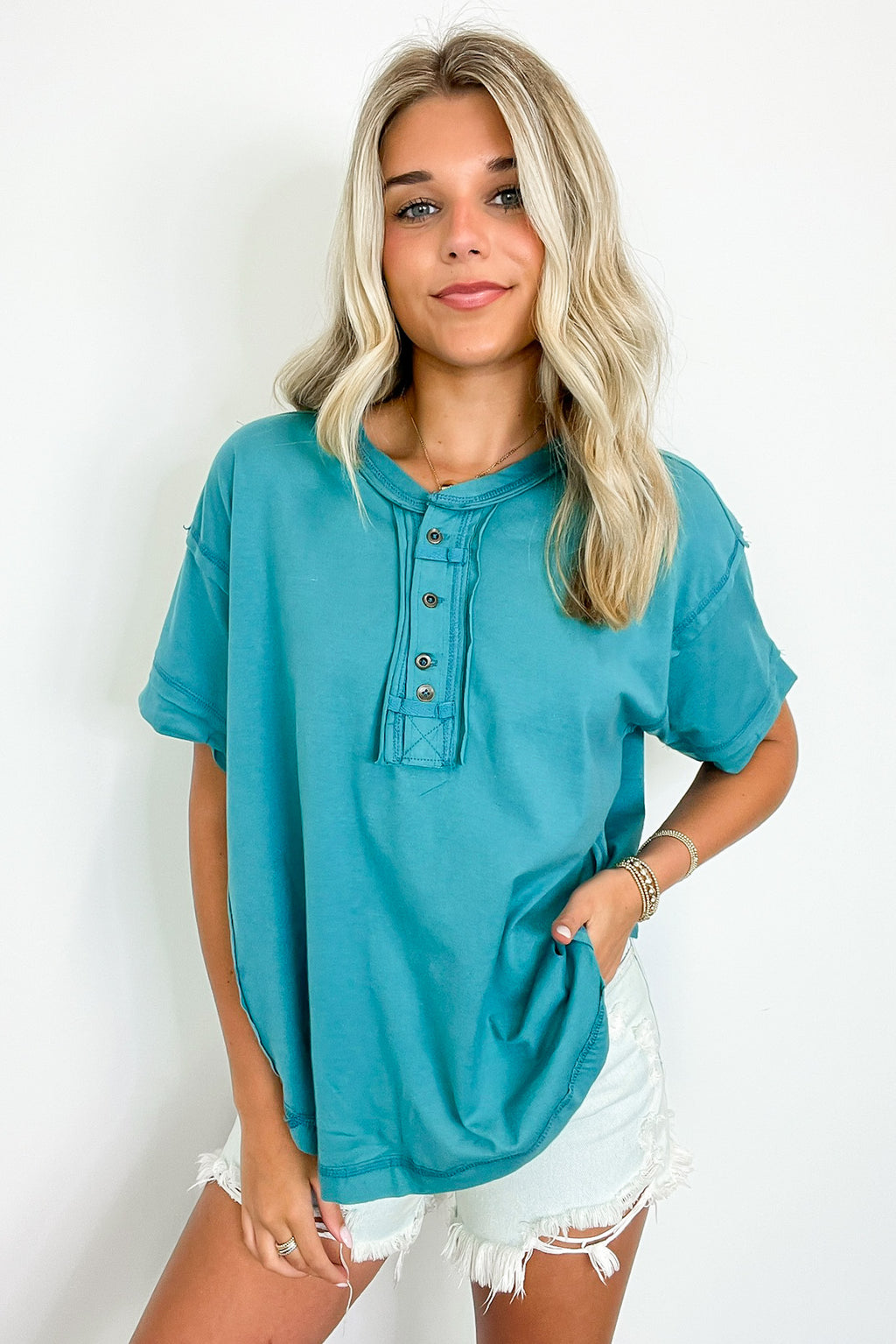 Dusty Teal / S Taryyn Raw Edge Button Henley Top - FINAL SALE - Madison and Mallory