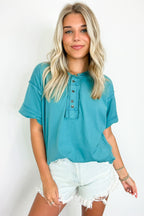 Taryyn Raw Edge Button Henley Top - FINAL SALE - Madison and Mallory
