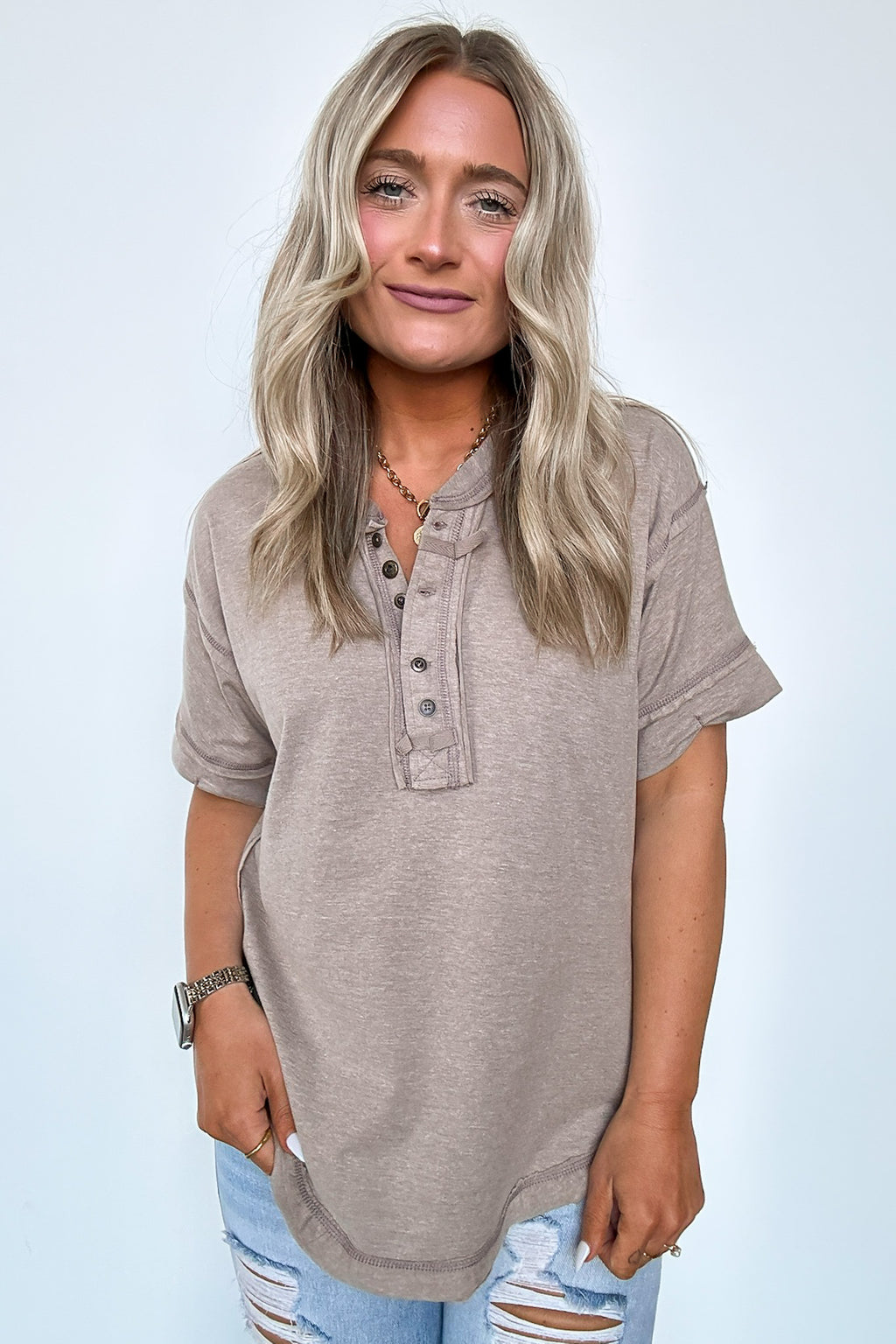 Heather Mocha / S Taryyn Raw Edge Button Henley Top - BACK IN STOCK - Madison and Mallory
