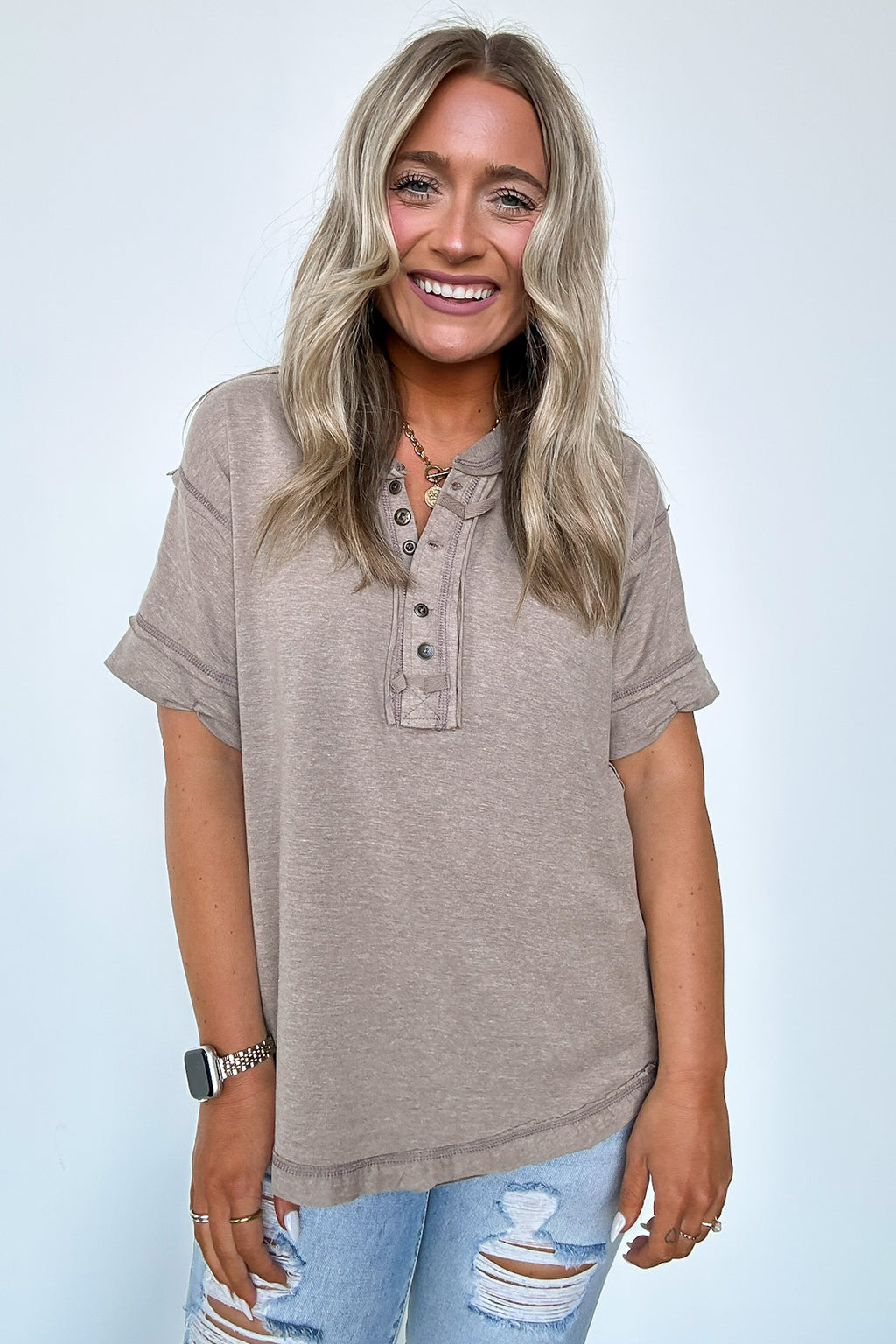 Taryyn Raw Edge Button Henley Top - FINAL SALE - Madison and Mallory