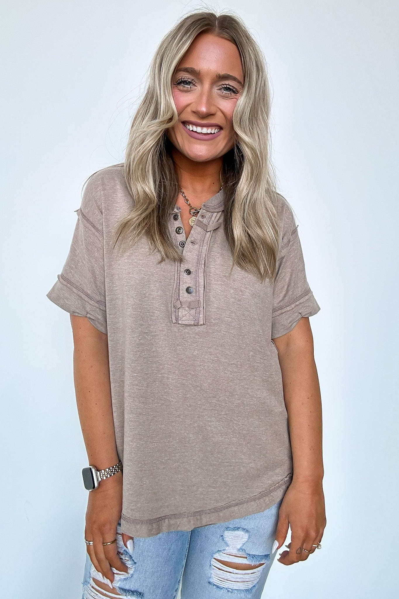 Taryyn Raw Edge Button Henley Top - FINAL SALE - Madison and Mallory
