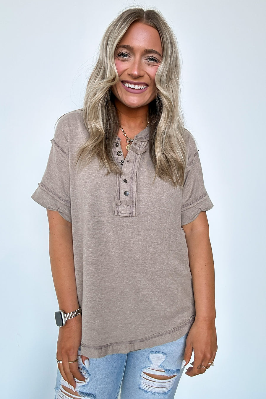  Taryyn Raw Edge Button Henley Top - BACK IN STOCK - Madison and Mallory