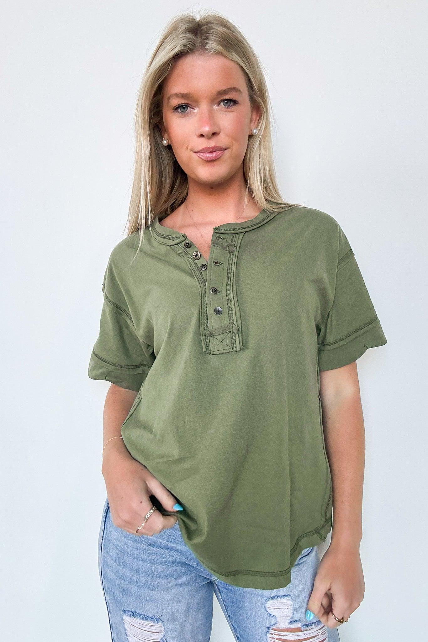  Taryyn Raw Edge Button Henley Top - BACK IN STOCK - Madison and Mallory