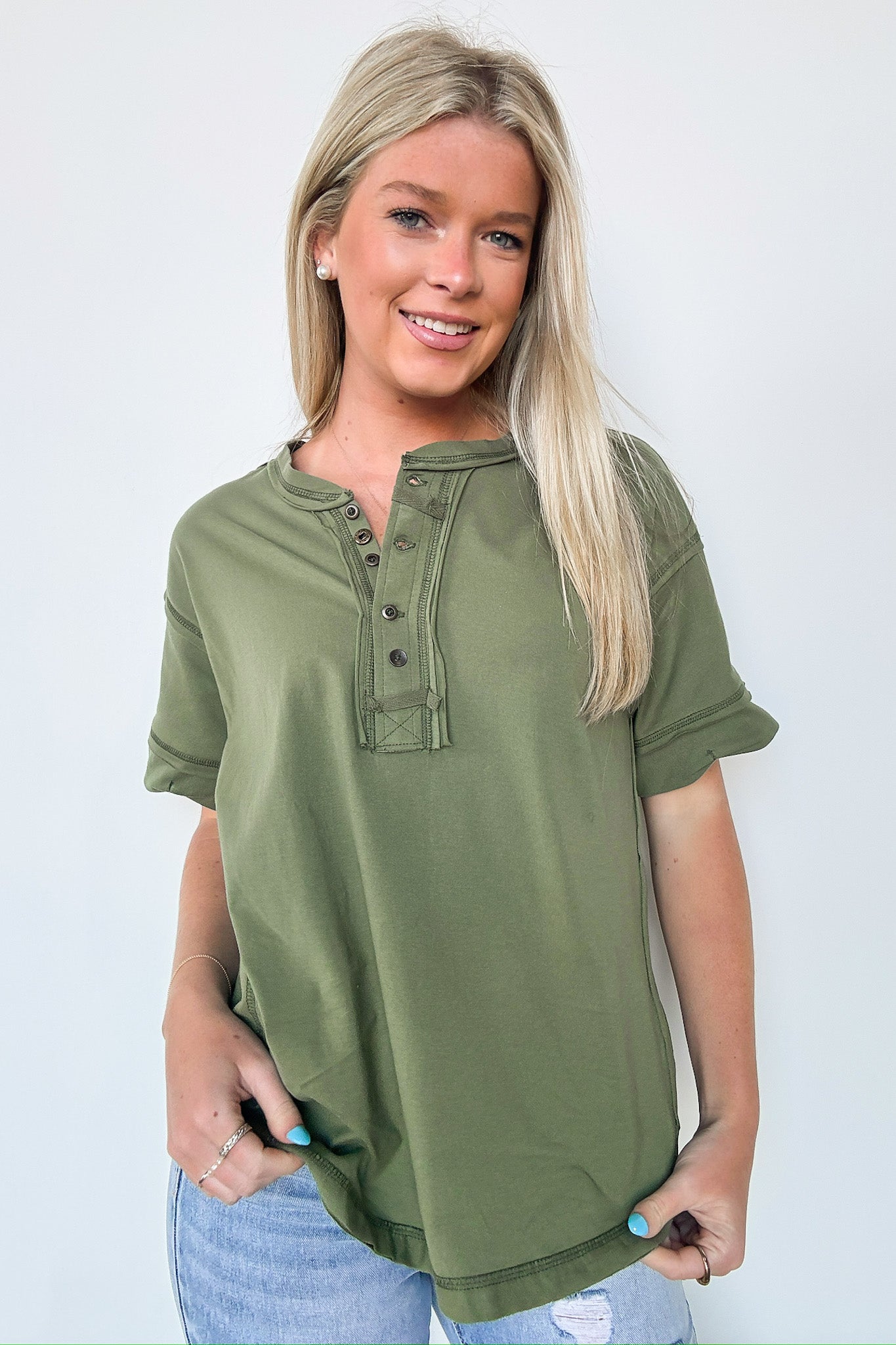 Light Olive / S Taryyn Raw Edge Button Henley Top - BACK IN STOCK - Madison and Mallory
