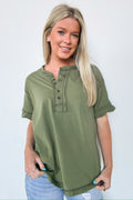 Light Olive / S Taryyn Raw Edge Button Henley Top - FINAL SALE - Madison and Mallory