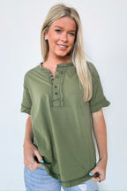 Light Olive / S Taryyn Raw Edge Button Henley Top - FINAL SALE - Madison and Mallory