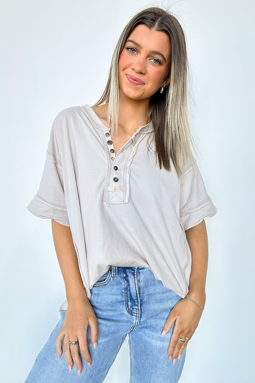  Taryyn Raw Edge Button Henley Top - BACK IN STOCK - Madison and Mallory