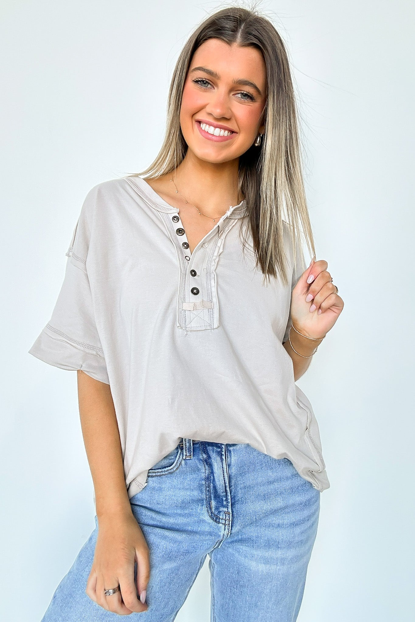  Taryyn Raw Edge Button Henley Top - BACK IN STOCK - Madison and Mallory