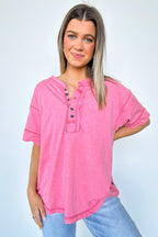 Heather Viva Magenta / S Taryyn Raw Edge Button Henley Top - FINAL SALE - Madison and Mallory