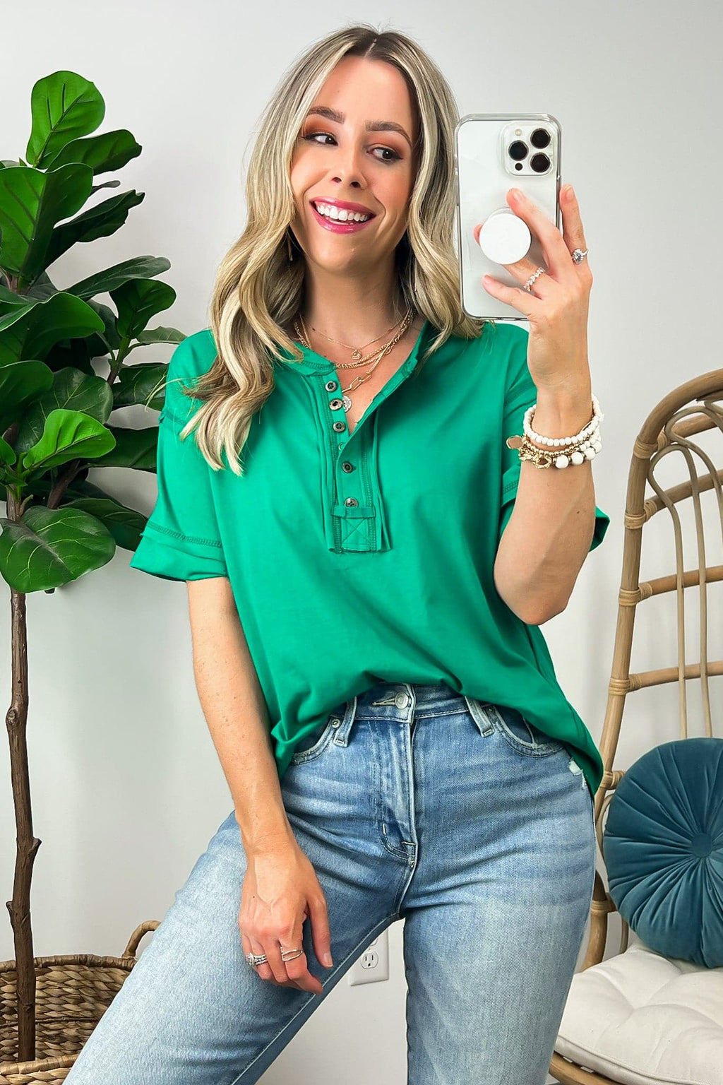 Kelly Green / S Taryyn Raw Edge Button Henley Top - BACK IN STOCK - Madison and Mallory