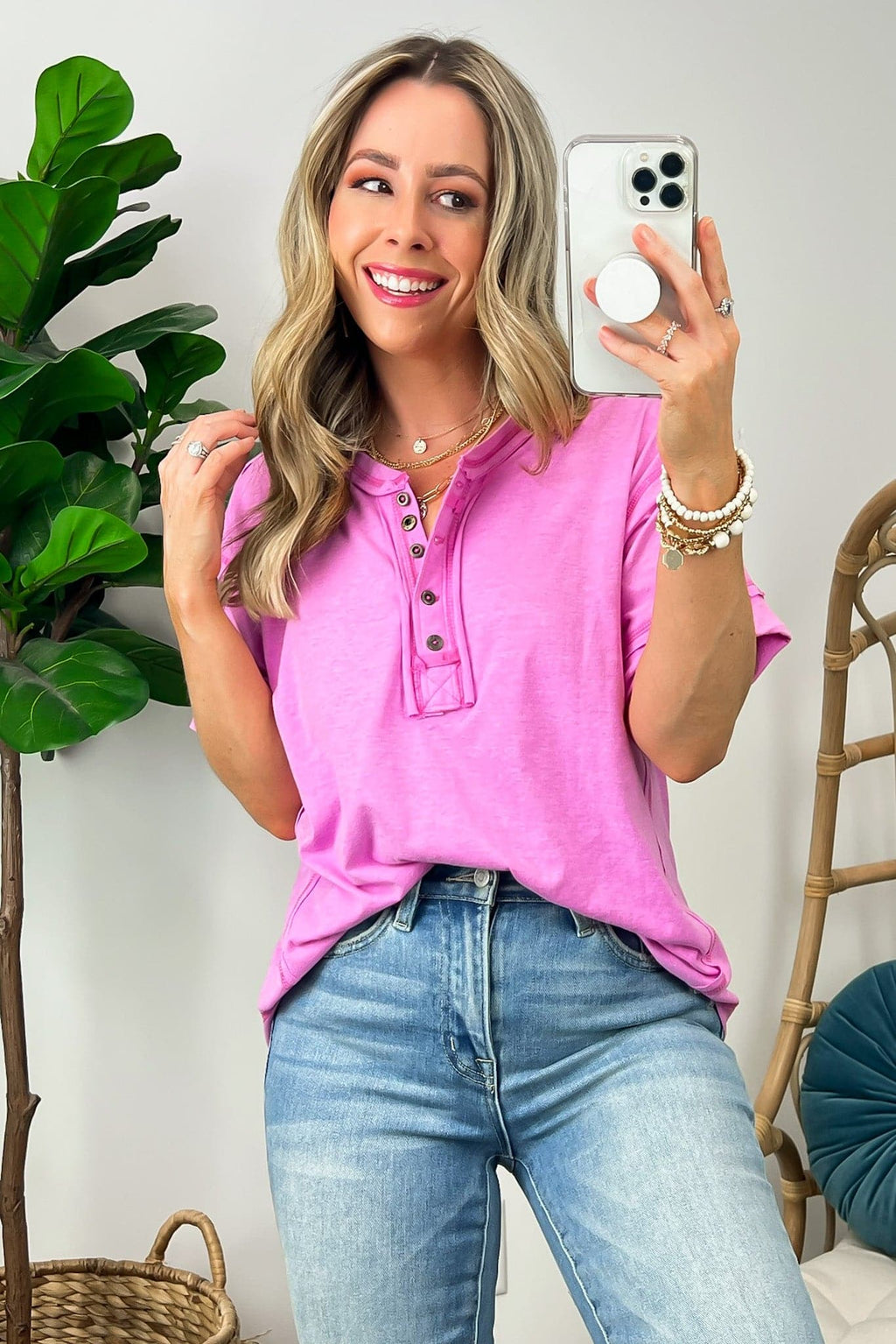 Heather Mauve / S Taryyn Raw Edge Button Henley Top - FINAL SALE - Madison and Mallory