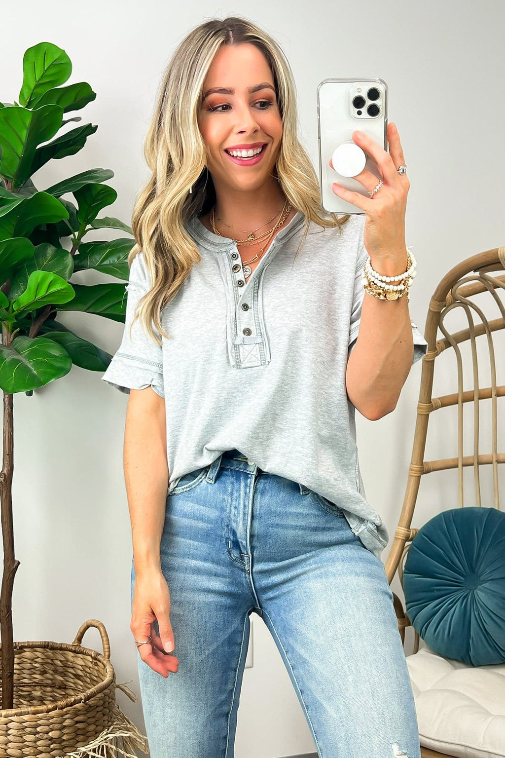 Heather Gray / S Taryyn Raw Edge Button Henley Top - FINAL SALE - Madison and Mallory