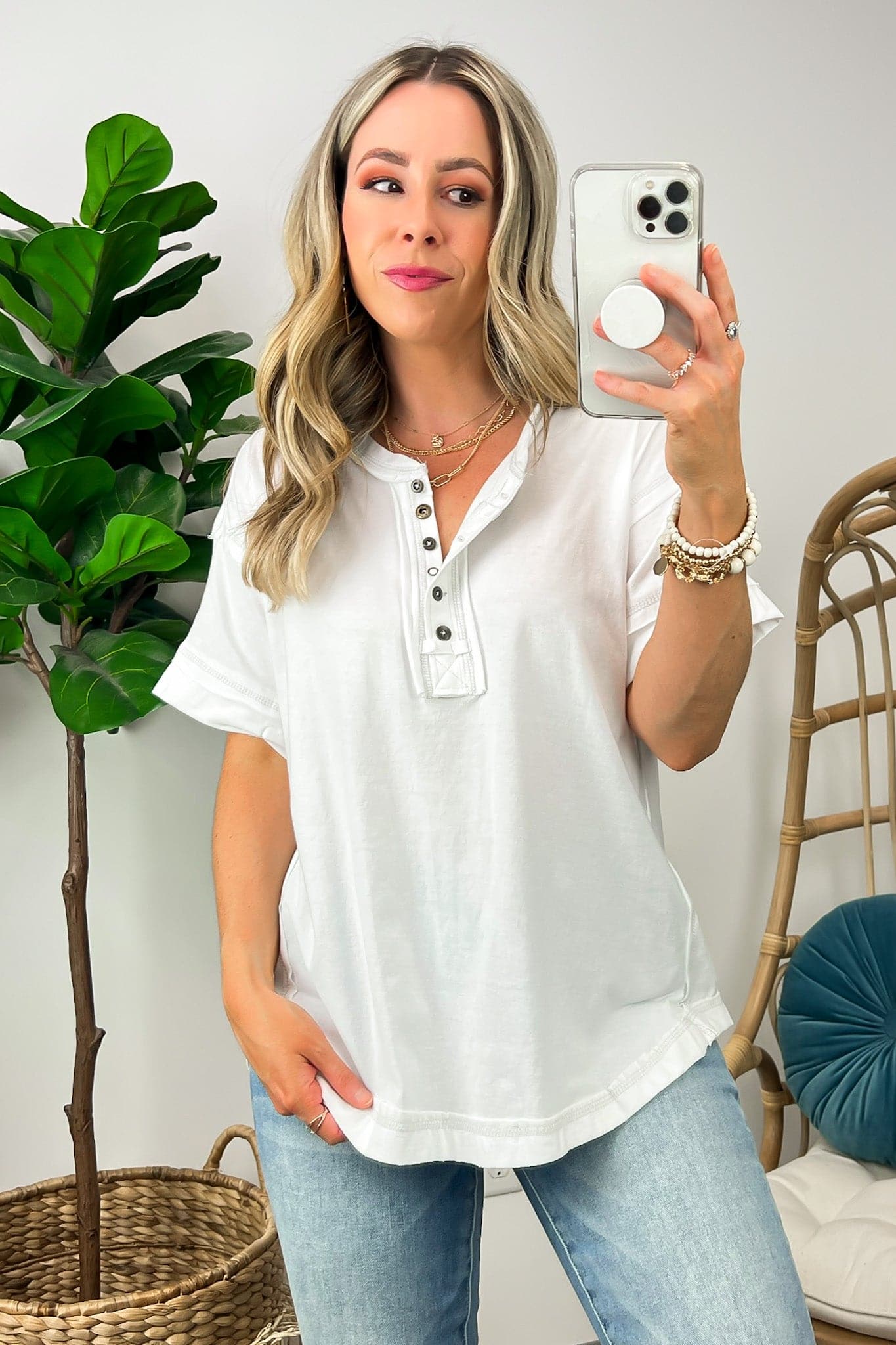 White / S Taryyn Raw Edge Button Henley Top - BACK IN STOCK - Madison and Mallory