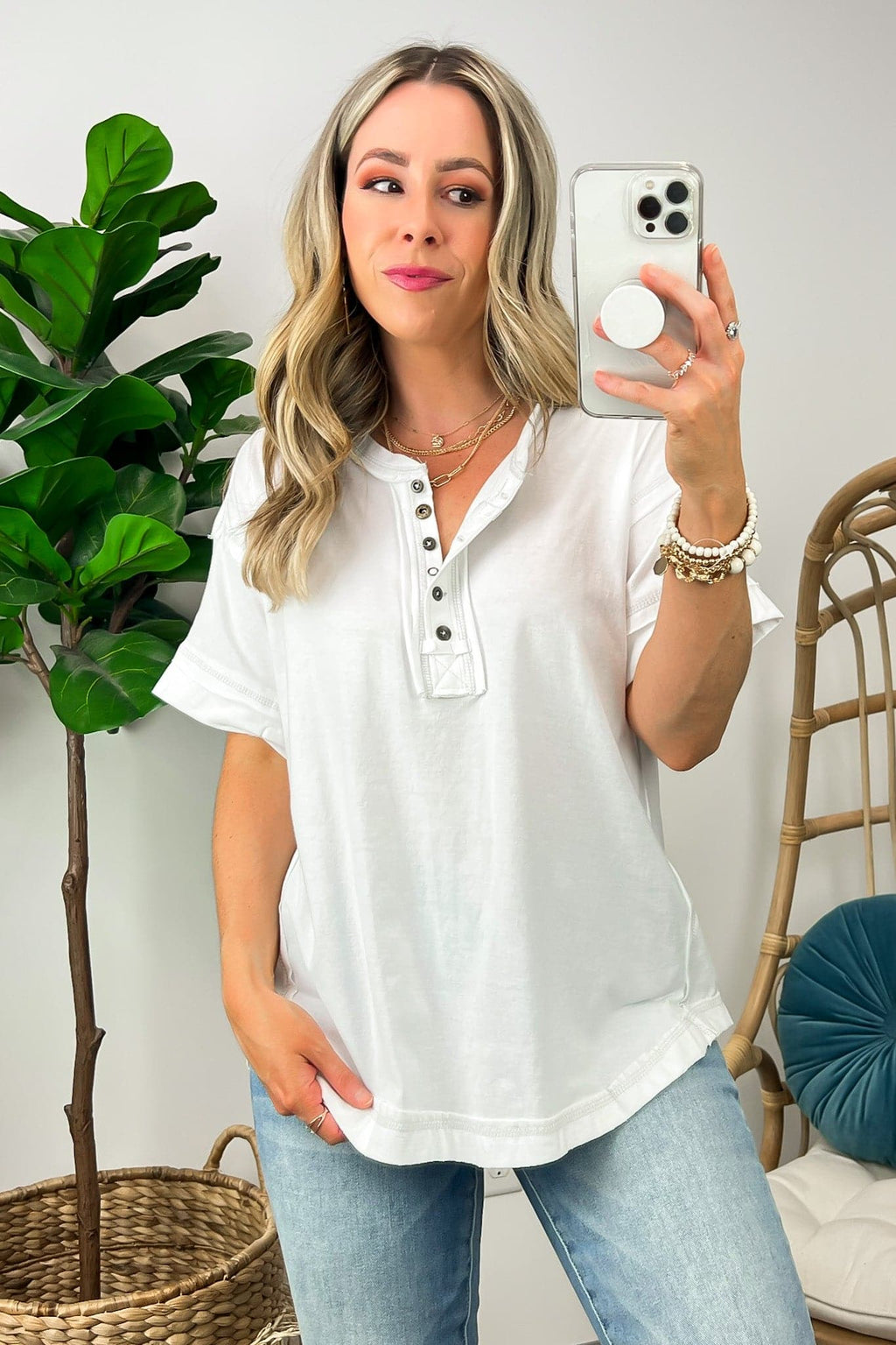 White / S Taryyn Raw Edge Button Henley Top - FINAL SALE - Madison and Mallory