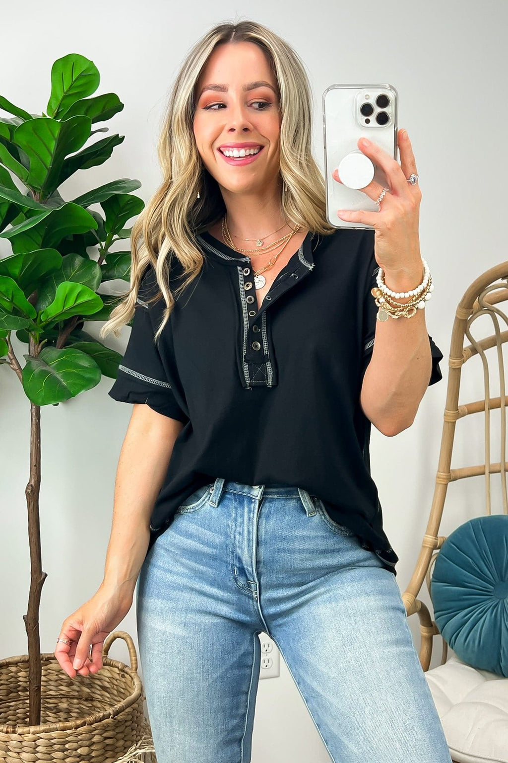 Black / S Taryyn Raw Edge Button Henley Top - FINAL SALE - Madison and Mallory
