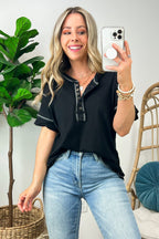 Black / S Taryyn Raw Edge Button Henley Top - FINAL SALE - Madison and Mallory