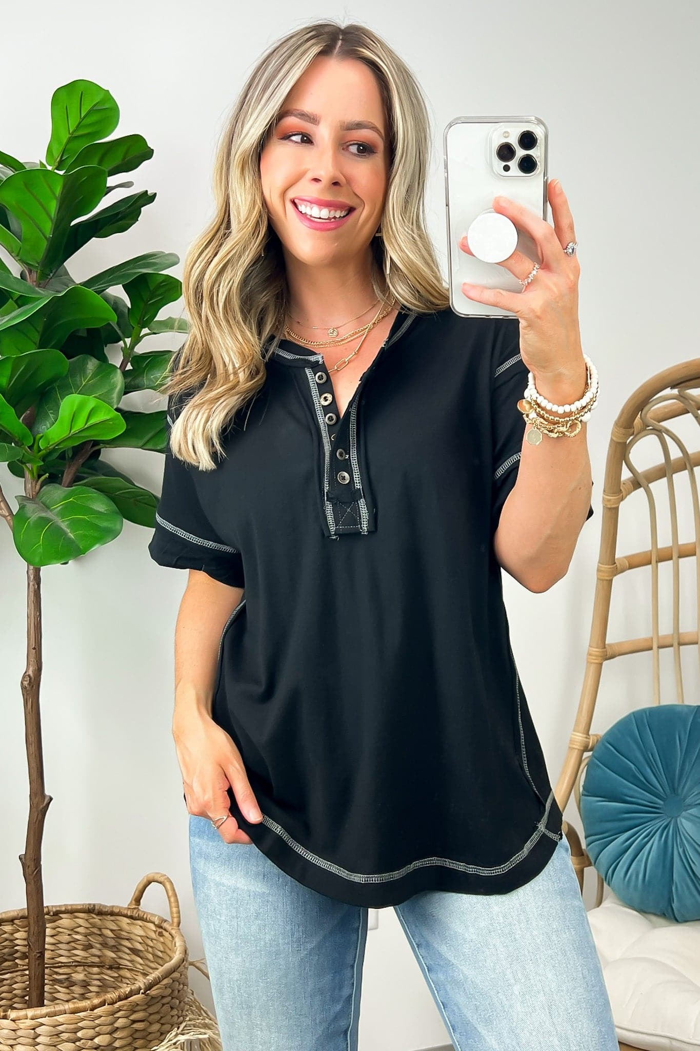  Taryyn Raw Edge Button Henley Top - BACK IN STOCK - Madison and Mallory