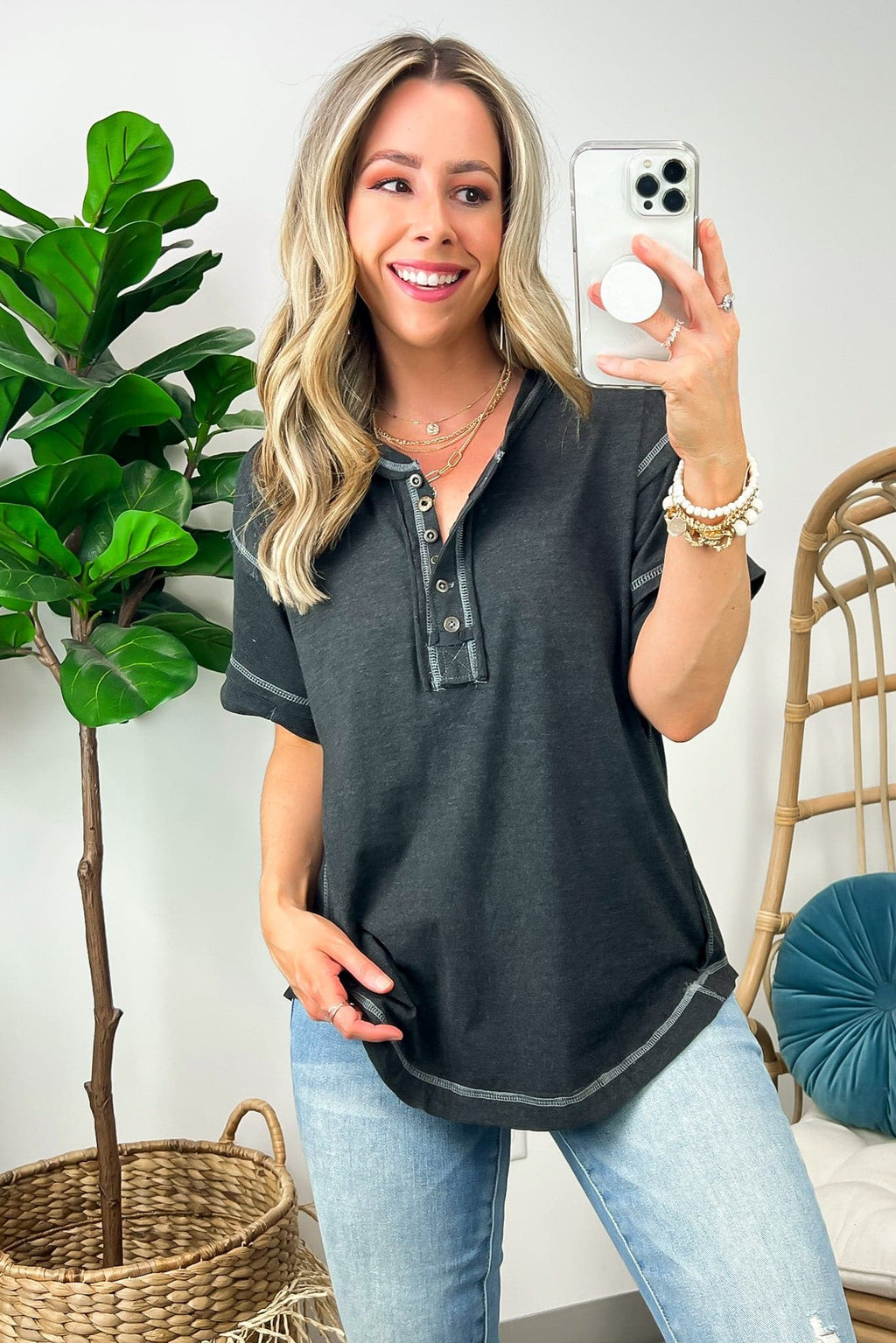 Charcoal / S Taryyn Raw Edge Button Henley Top - FINAL SALE - Madison and Mallory