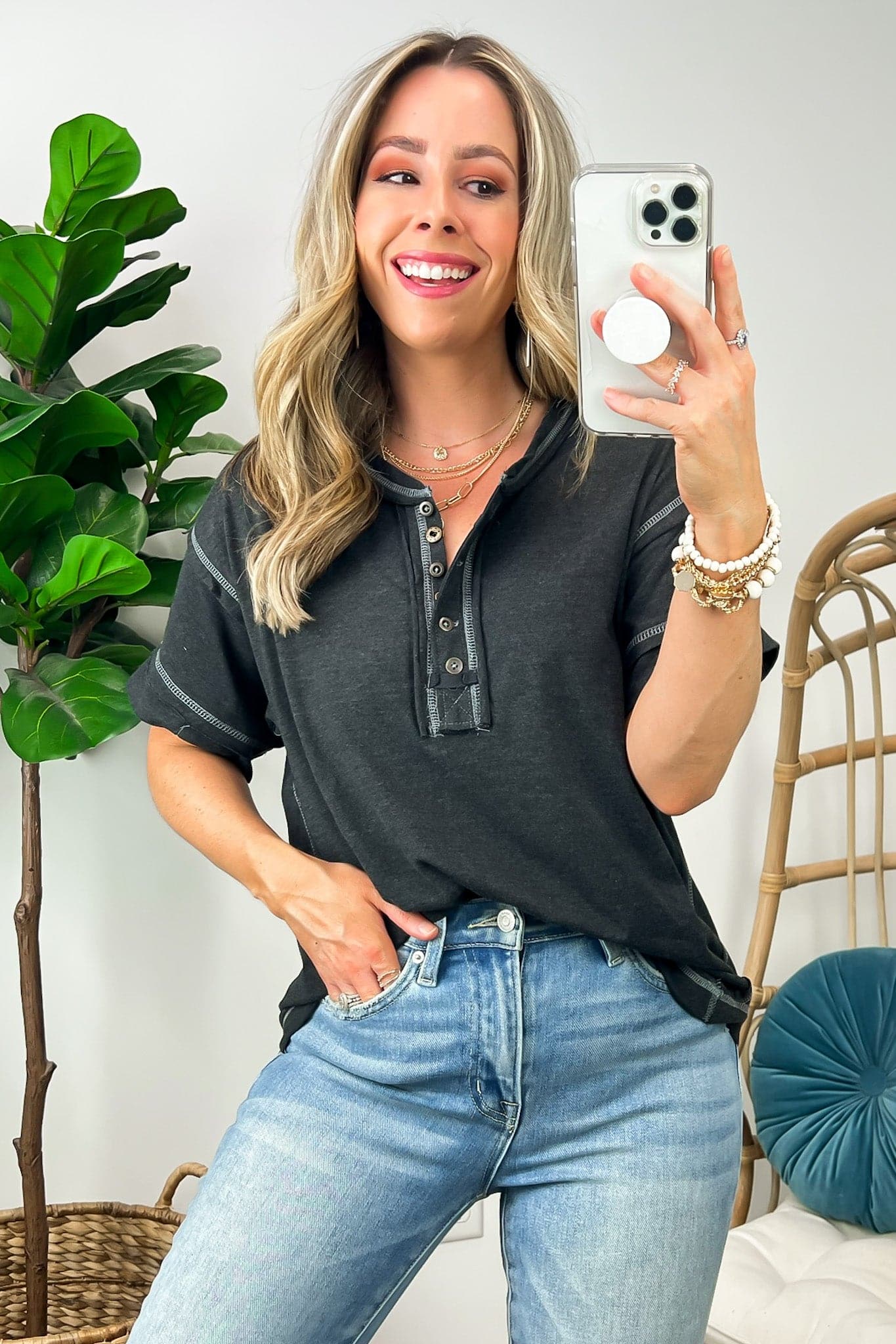  Taryyn Raw Edge Button Henley Top - BACK IN STOCK - Madison and Mallory