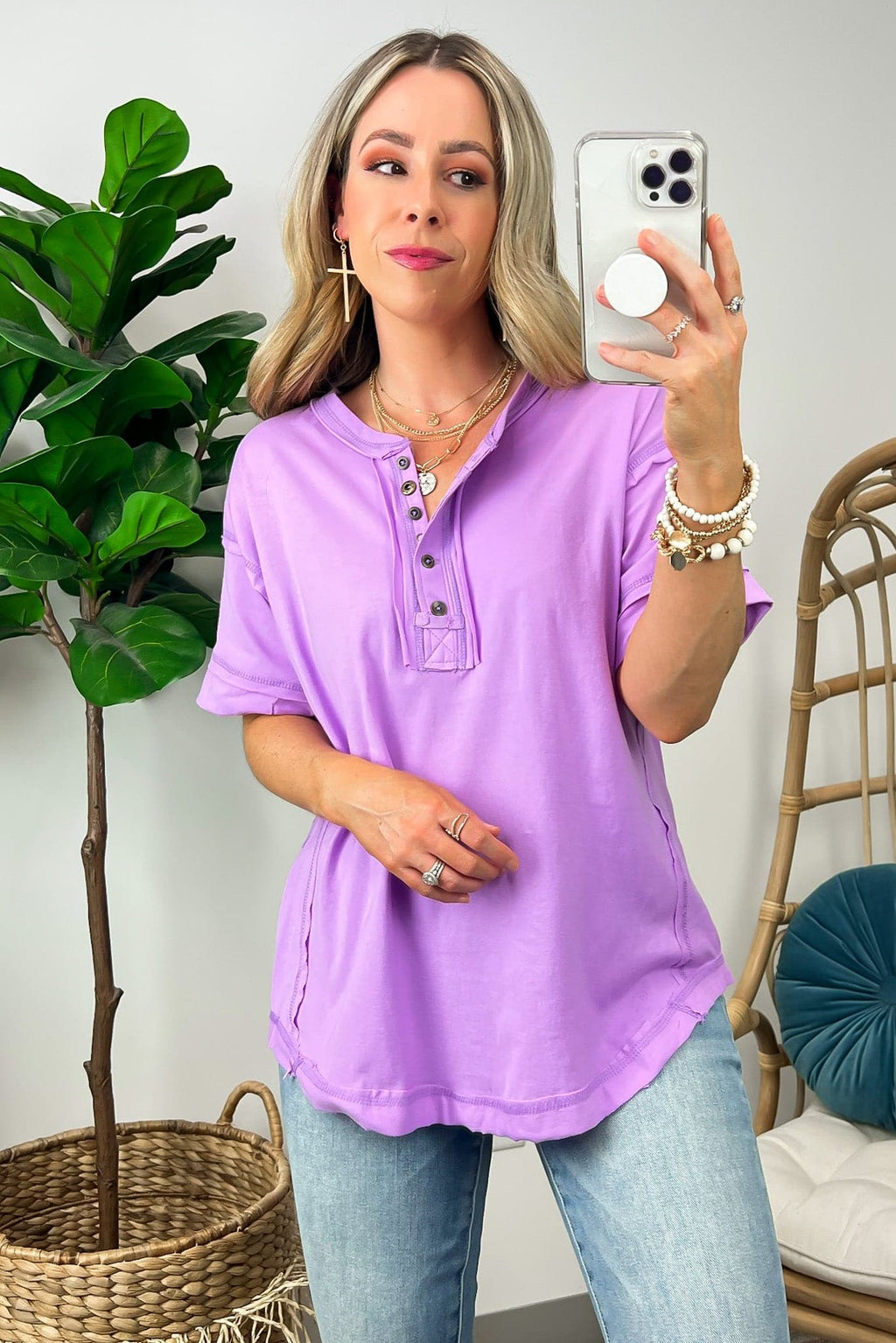 Bright Lavender / S Taryyn Raw Edge Button Henley Top - FINAL SALE - Madison and Mallory