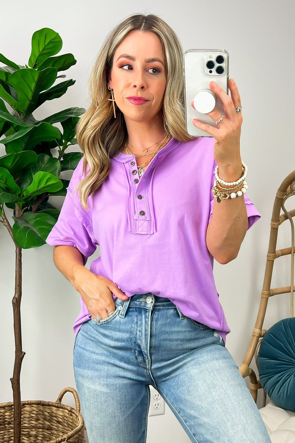 Taryyn Raw Edge Button Henley Top - FINAL SALE - Madison and Mallory