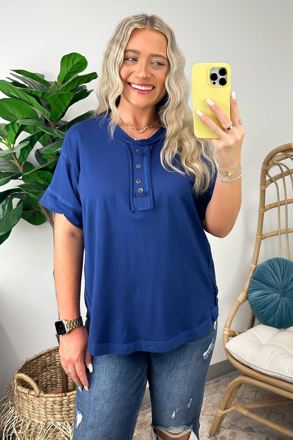 Taryyn Raw Edge Button Henley Top - FINAL SALE - Madison and Mallory