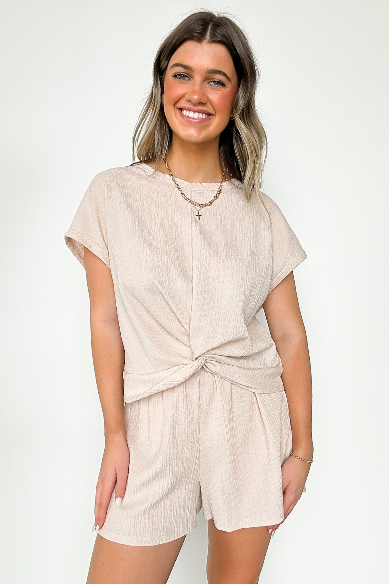 Taupe / S Tasiah Twist Front Short Sleeve Top and Shorts Set - Madison and Mallory