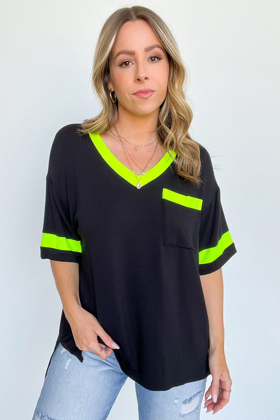 S / Black/Yellow Taylie Neon Color Block V-Neck Top - FINAL SALE - Madison and Mallory