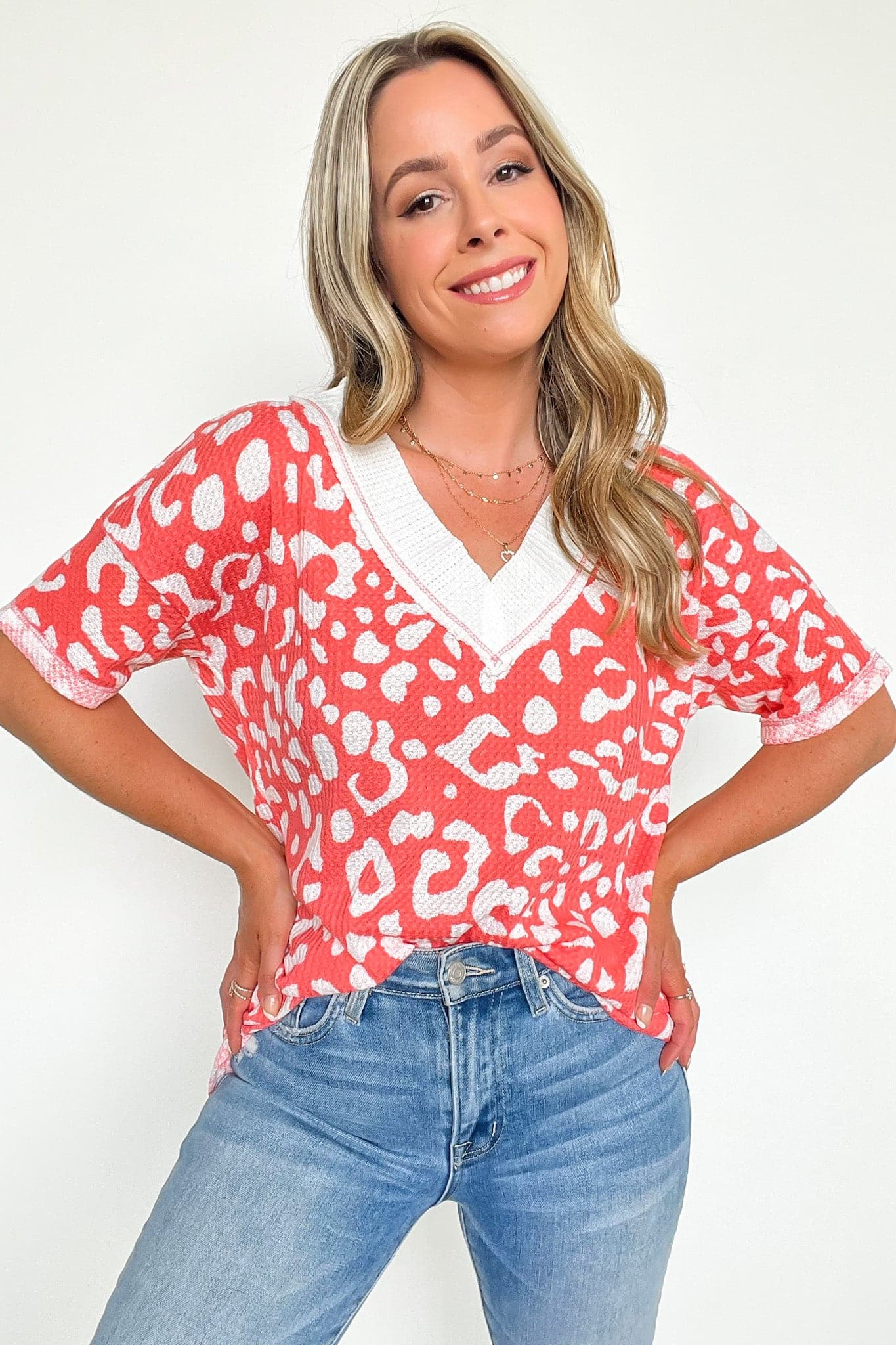 S / Coral White Terrasen V-Neck Animal Print Color Block Top - FINAL SALE - Madison and Mallory
