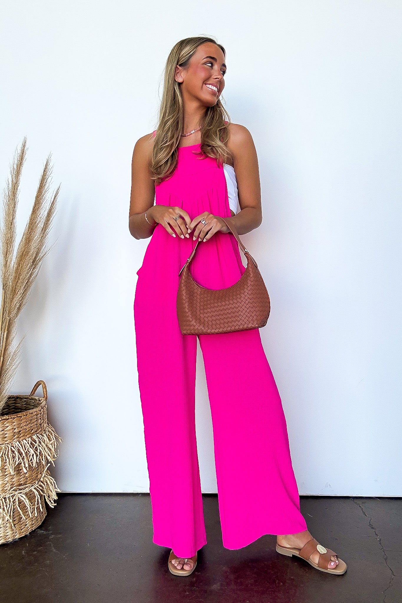 Hot Pink / S Terrific Timing Button Sling Wide Leg Jumpsuit - Madison and Mallory