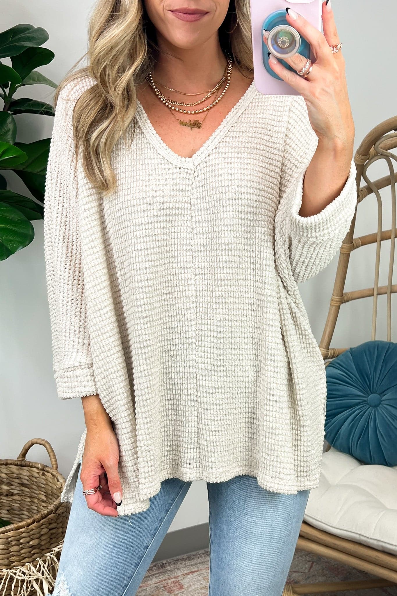 Sand Beige / SM Tetrah V-Neck Waffle Knit Top - BACK IN STOCK - Madison and Mallory