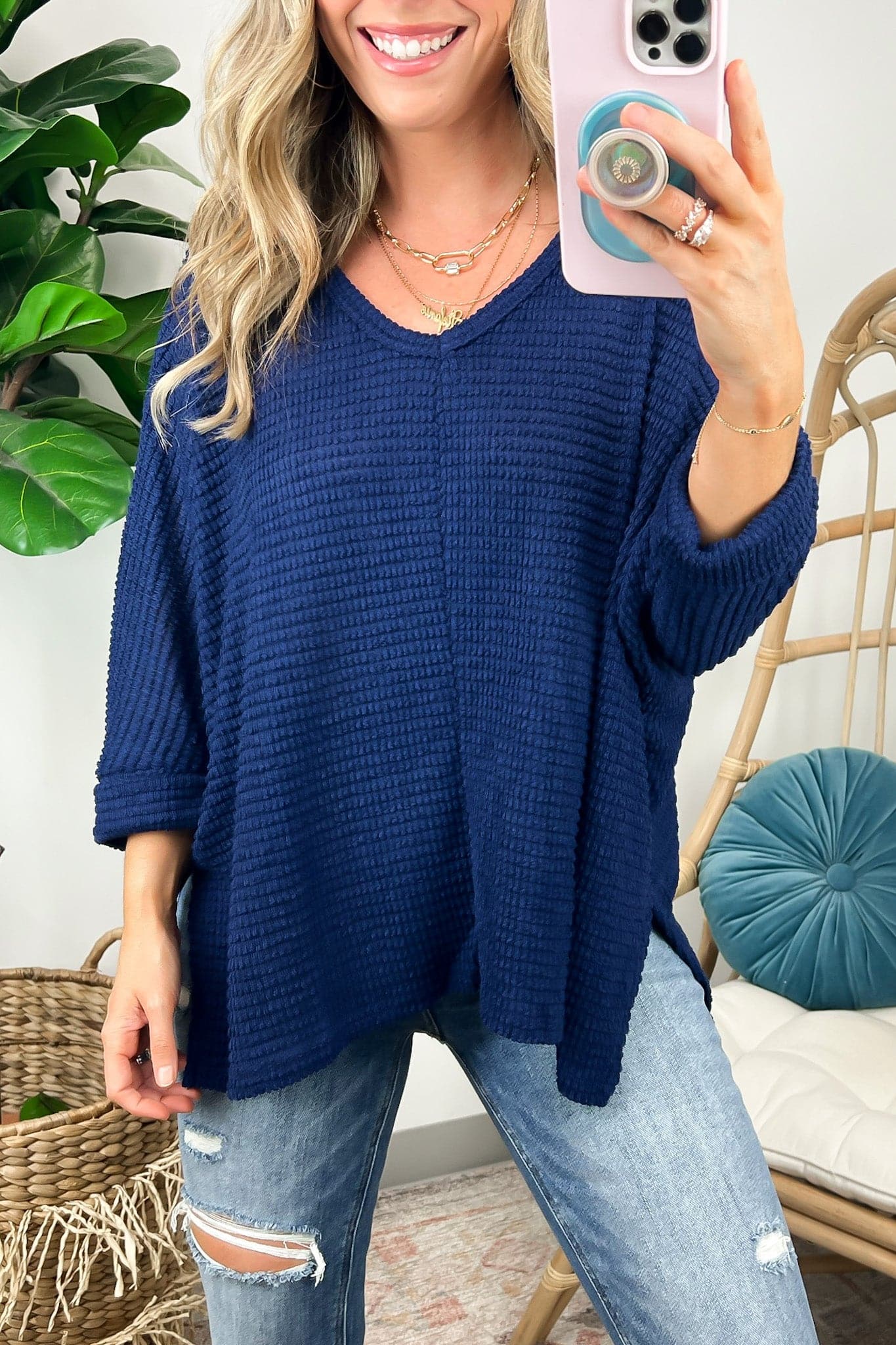 Light Navy / SM Tetrah V-Neck Waffle Knit Top - BACK IN STOCK - Madison and Mallory