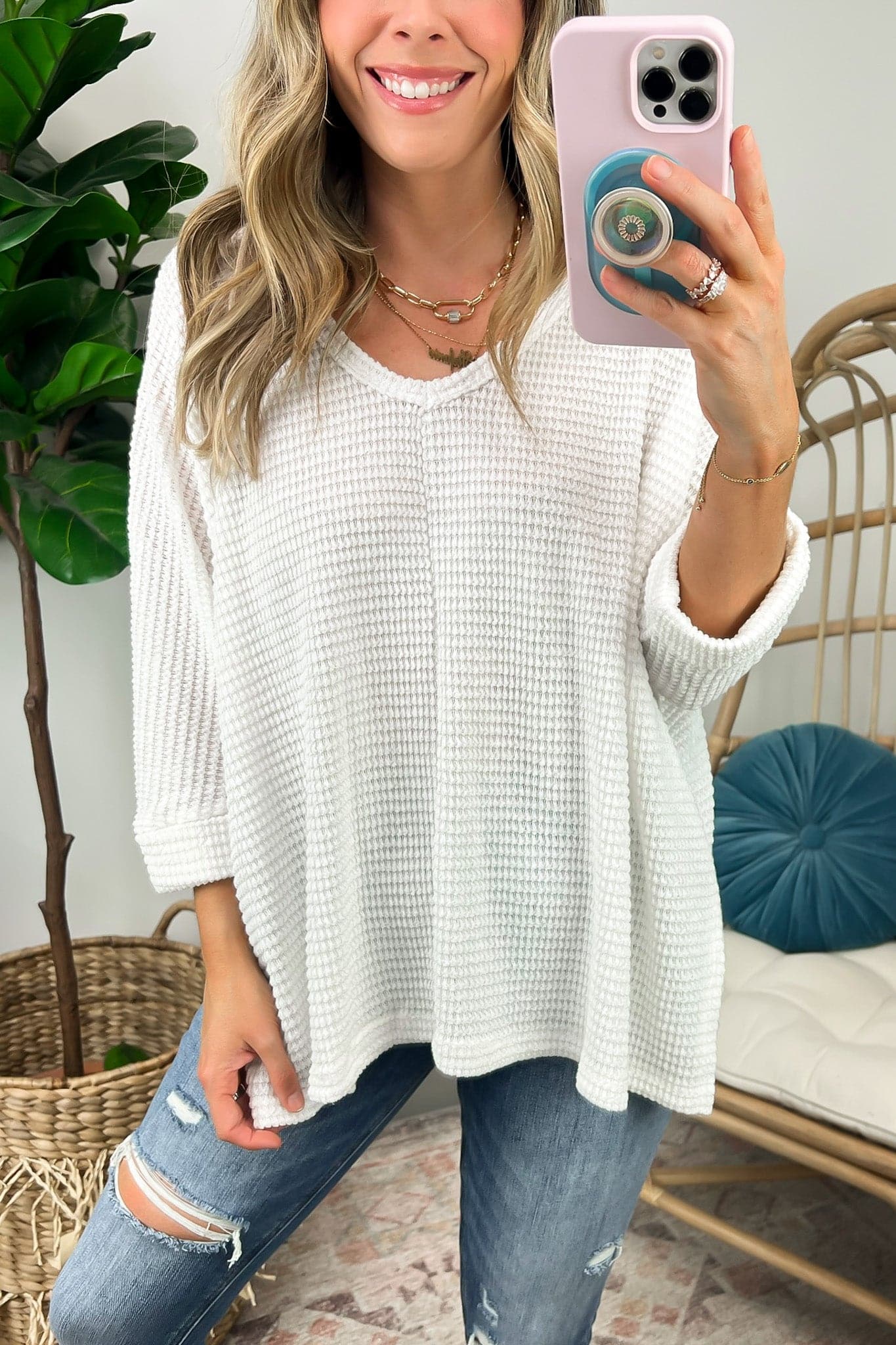 Ivory / SM Tetrah V-Neck Waffle Knit Top - BACK IN STOCK - Madison and Mallory