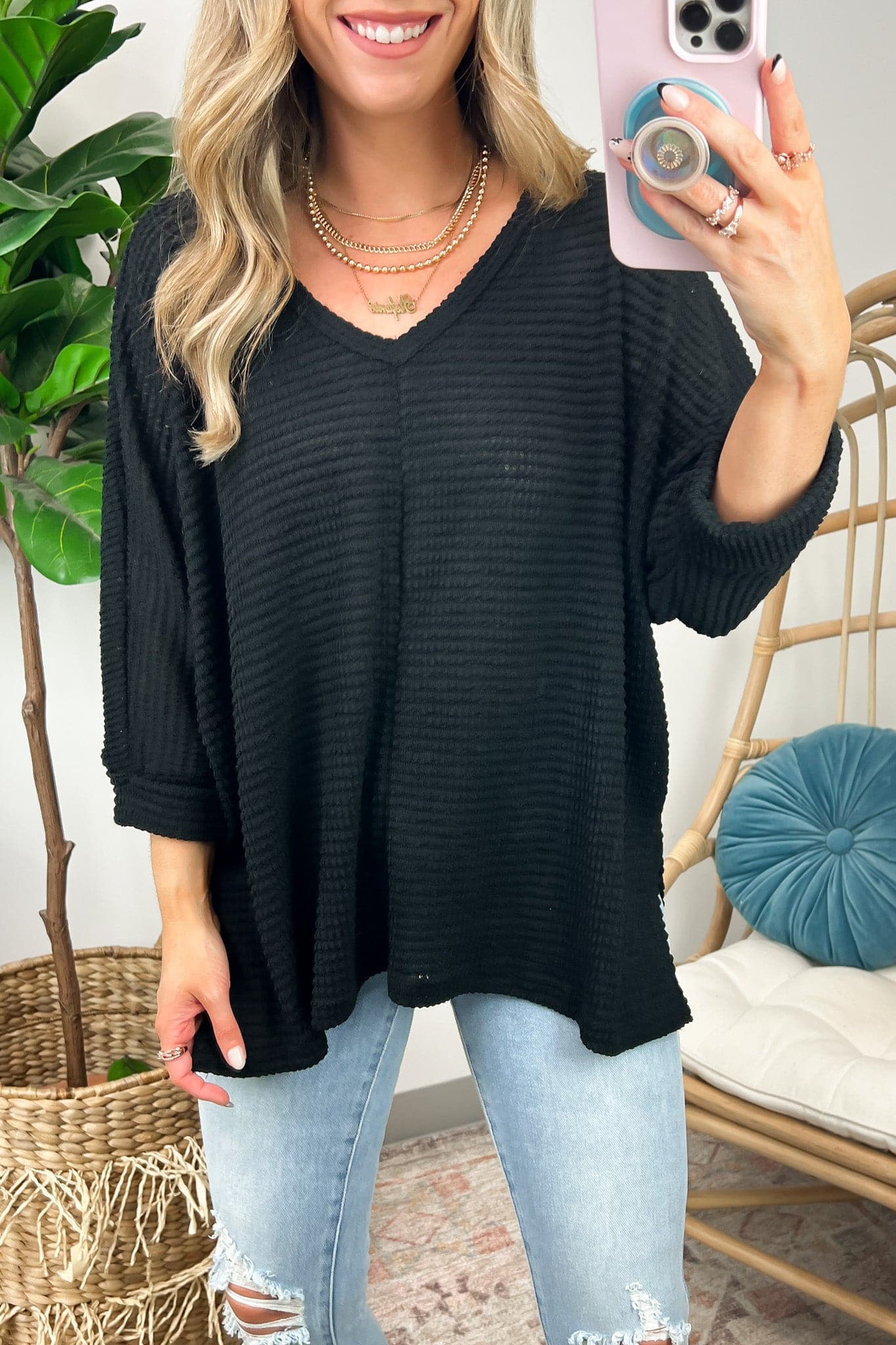Black / SM Tetrah V-Neck Waffle Knit Top - BACK IN STOCK - Madison and Mallory
