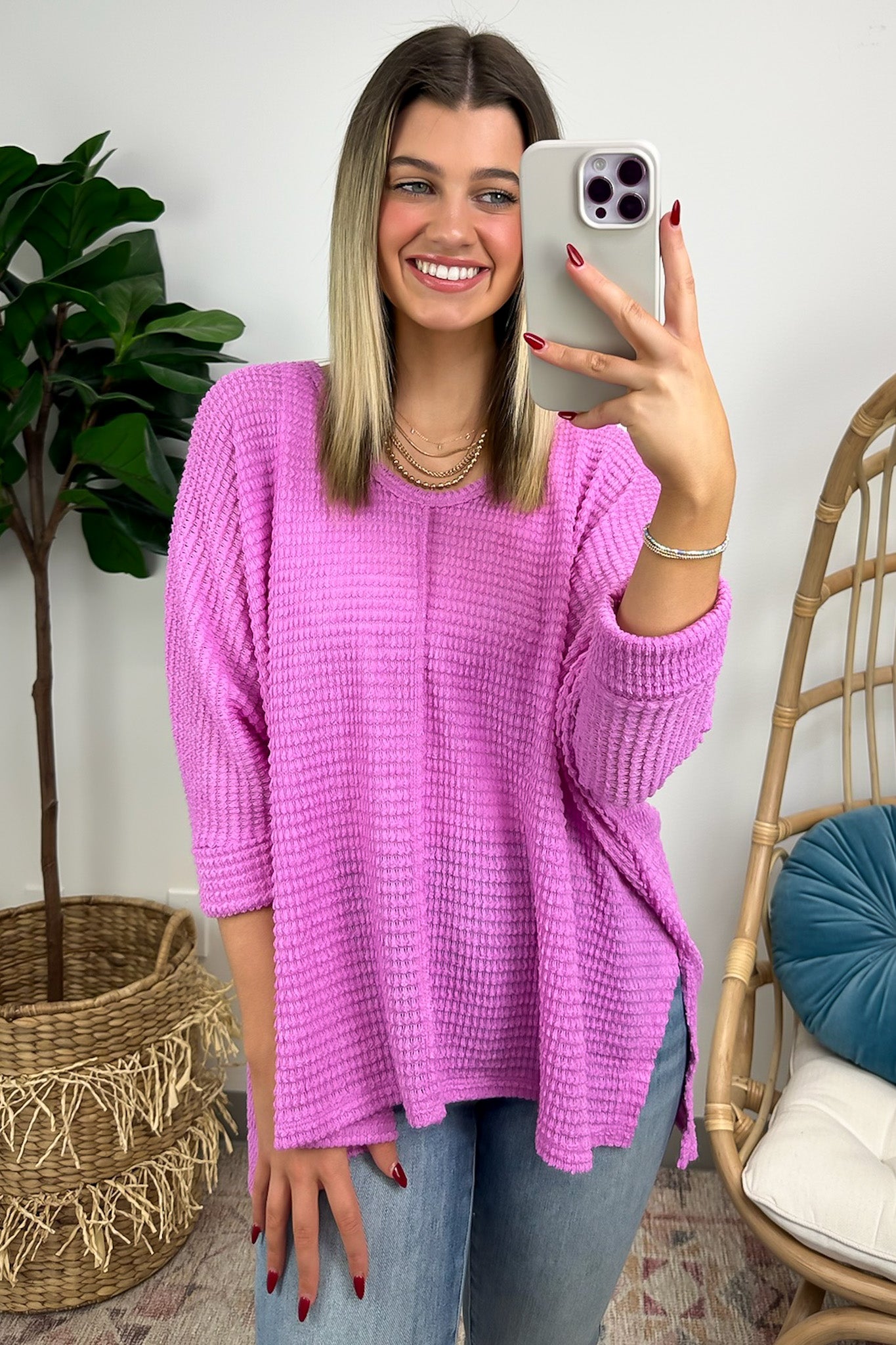 Bright Mauve / SM Tetrah V-Neck Waffle Knit Top - BACK IN STOCK - Madison and Mallory