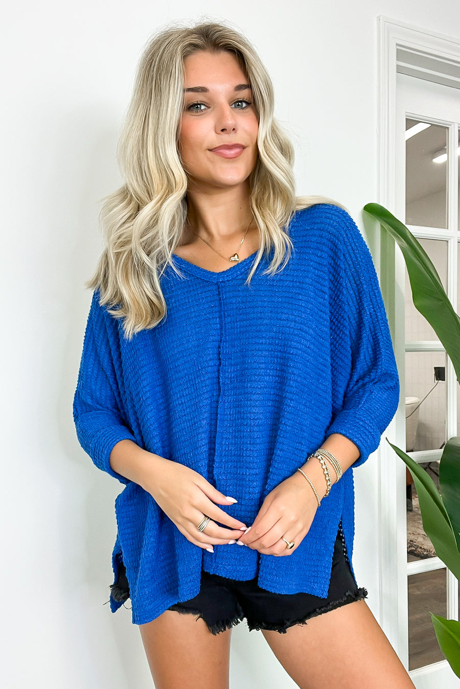 Classic Blue / SM Tetrah V-Neck Waffle Knit Top - BACK IN STOCK - Madison and Mallory