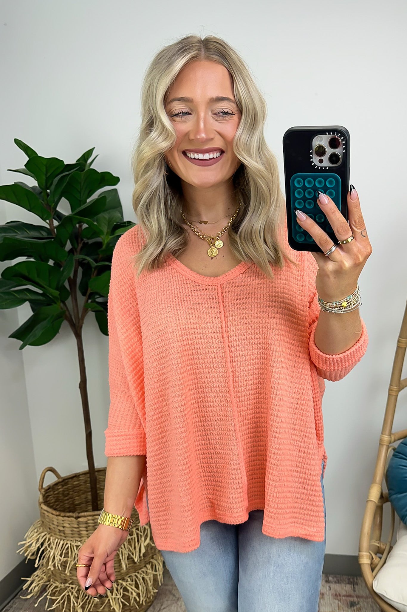 Coral / SM Tetrah V-Neck Waffle Knit Top - BACK IN STOCK - Madison and Mallory