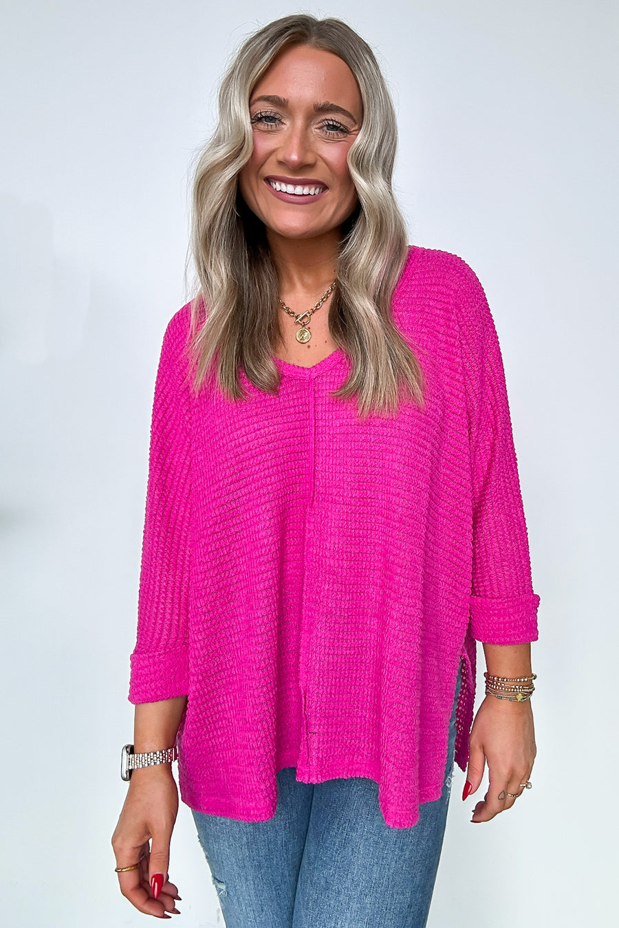 Neon Hot Pink / SM Tetrah V-Neck Waffle Knit Top - BACK IN STOCK - Madison and Mallory