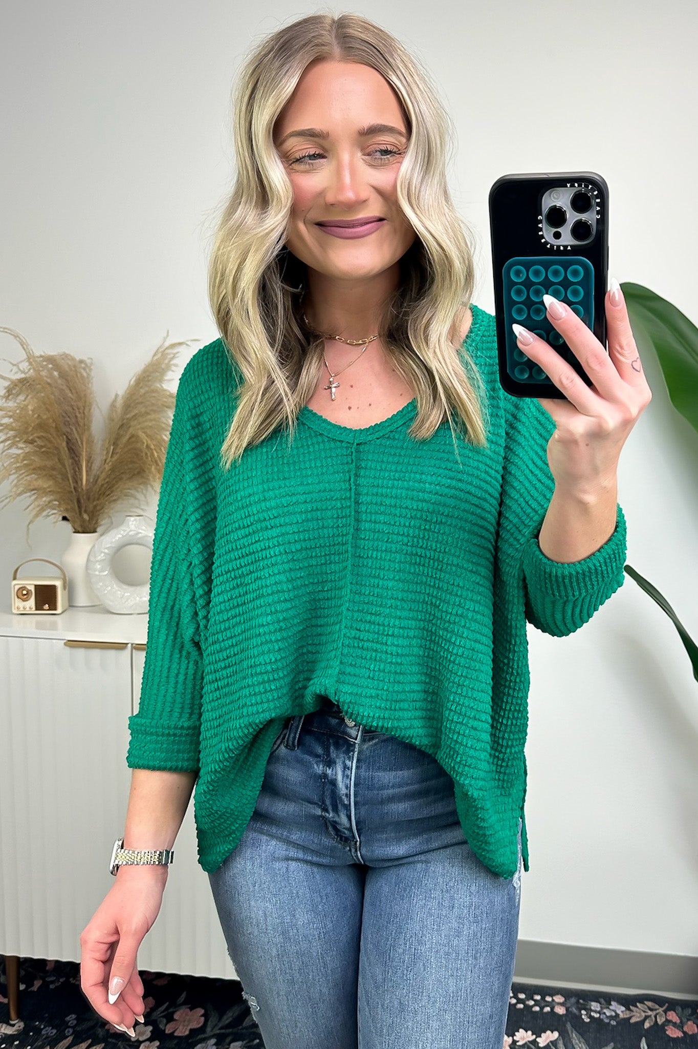 Kelly Green / SM Tetrah V-Neck Waffle Knit Top - BACK IN STOCK - Madison and Mallory
