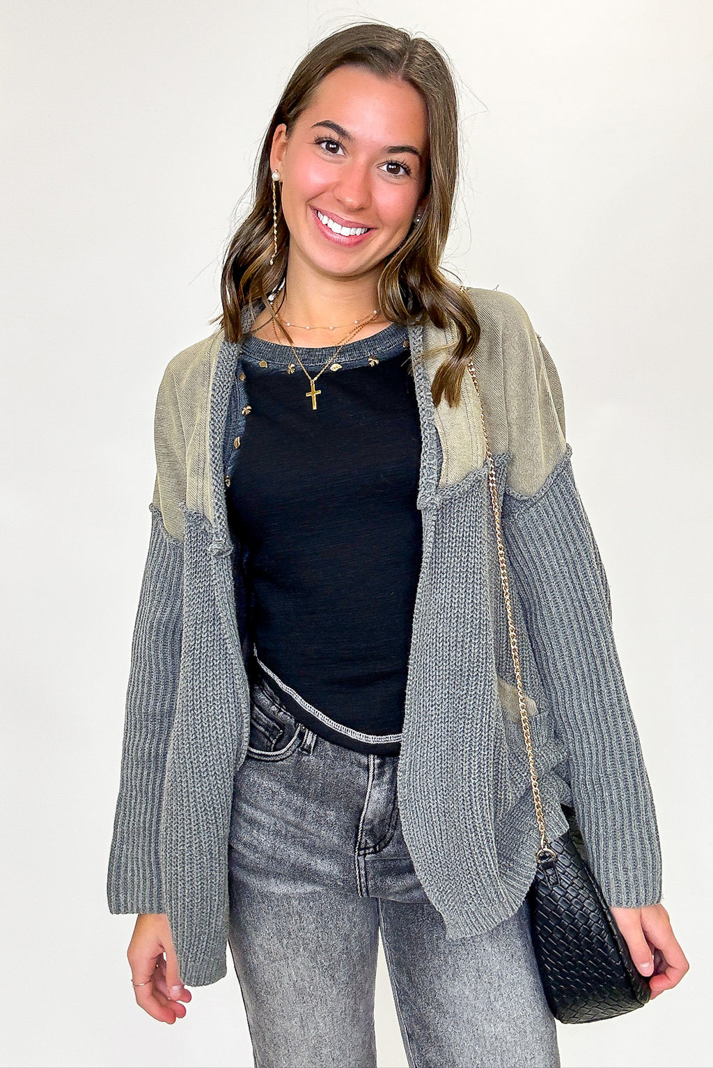 Washed Gray / S Texture & Tone Knit Contrast Cardigan - FINAL SALE - Madison and Mallory