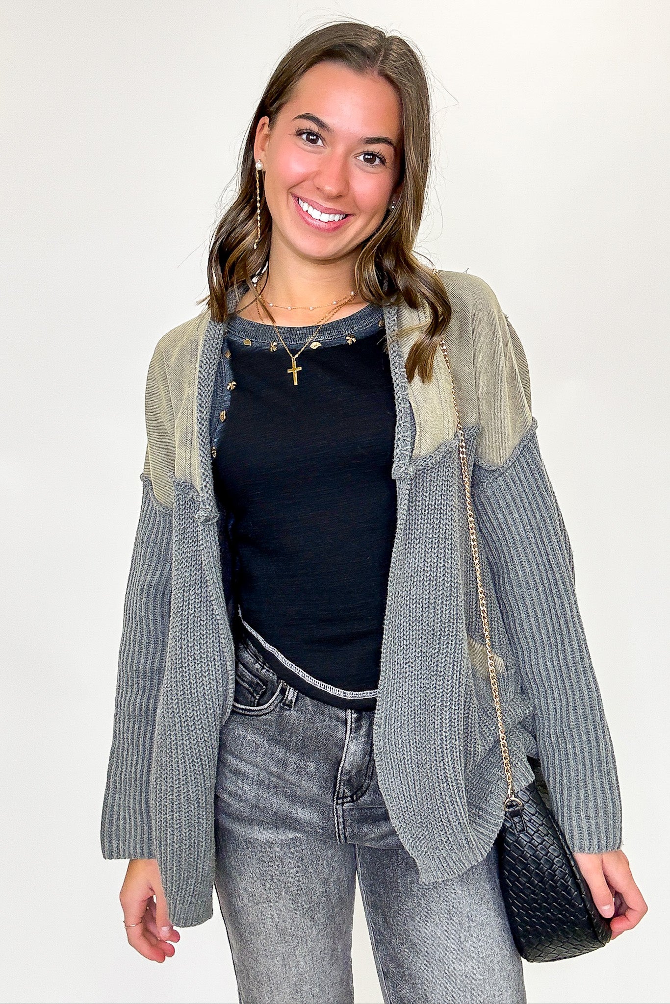 Washed Gray / S Texture & Tone Knit Contrast Cardigan - FINAL SALE - Madison and Mallory