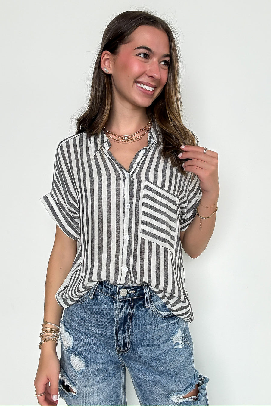 White/Black / S The Hamptons Striped Short Sleeve Shirt - Madison and Mallory