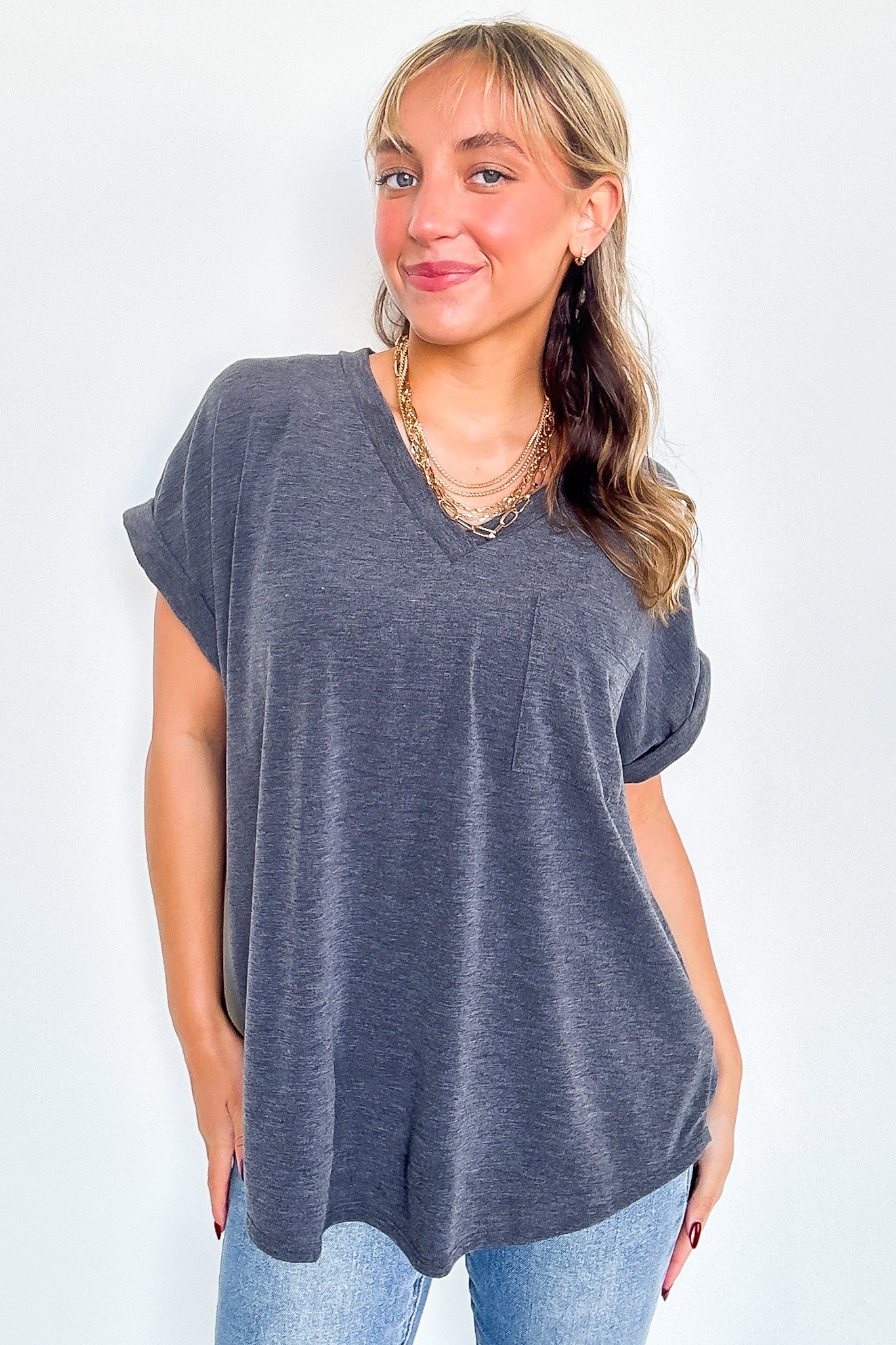 Gray / S The Lila Tee V-Neck Pocket Top - FINAL SALE - Madison and Mallory