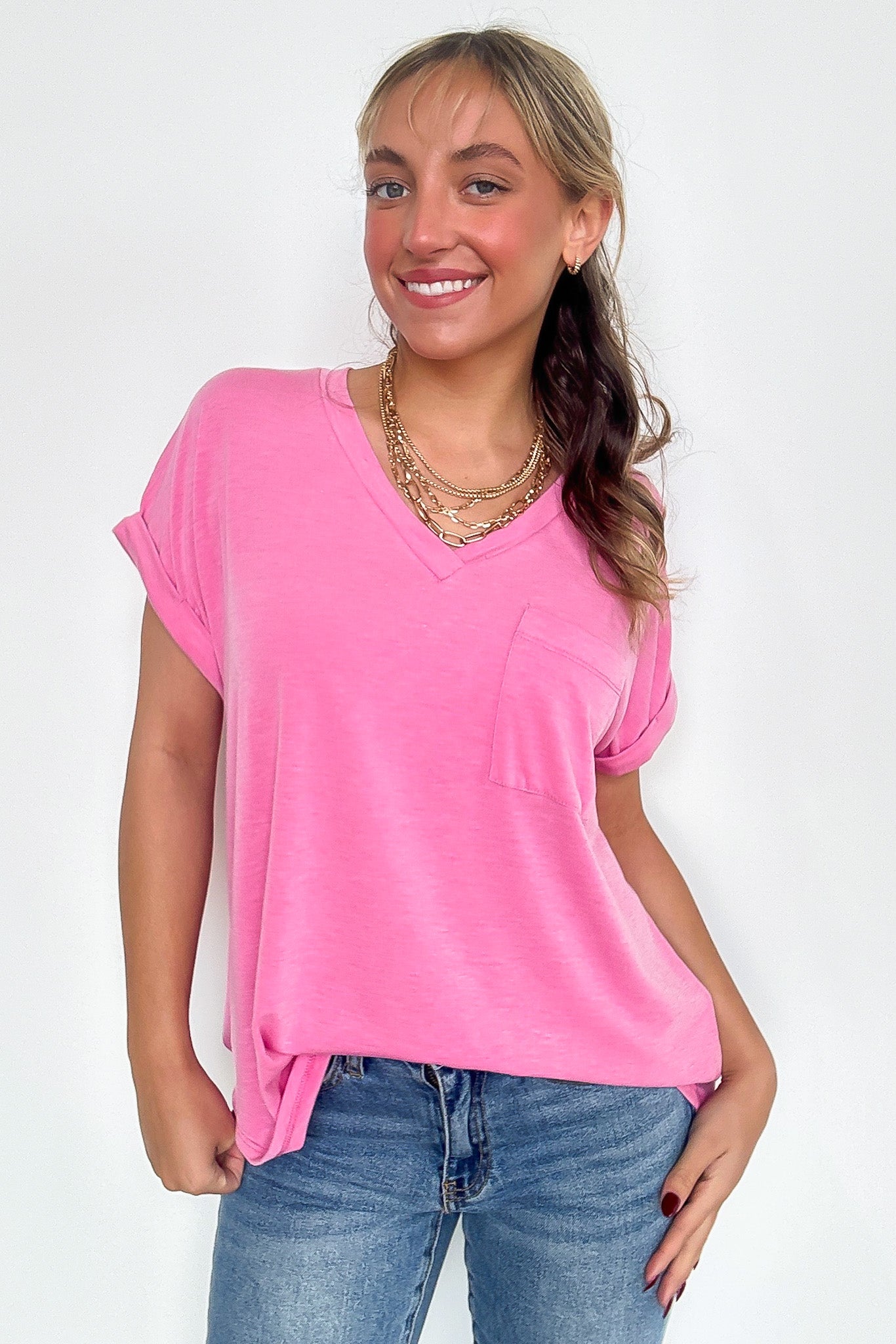 Pink / S The Lila Tee V-Neck Pocket Top - FINAL SALE - Madison and Mallory