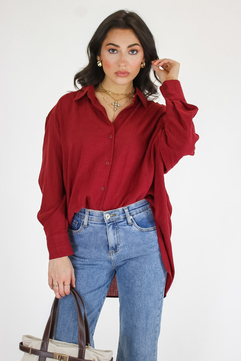 Burgundy / S The Ashby Button Down Top - Madison and Mallory
