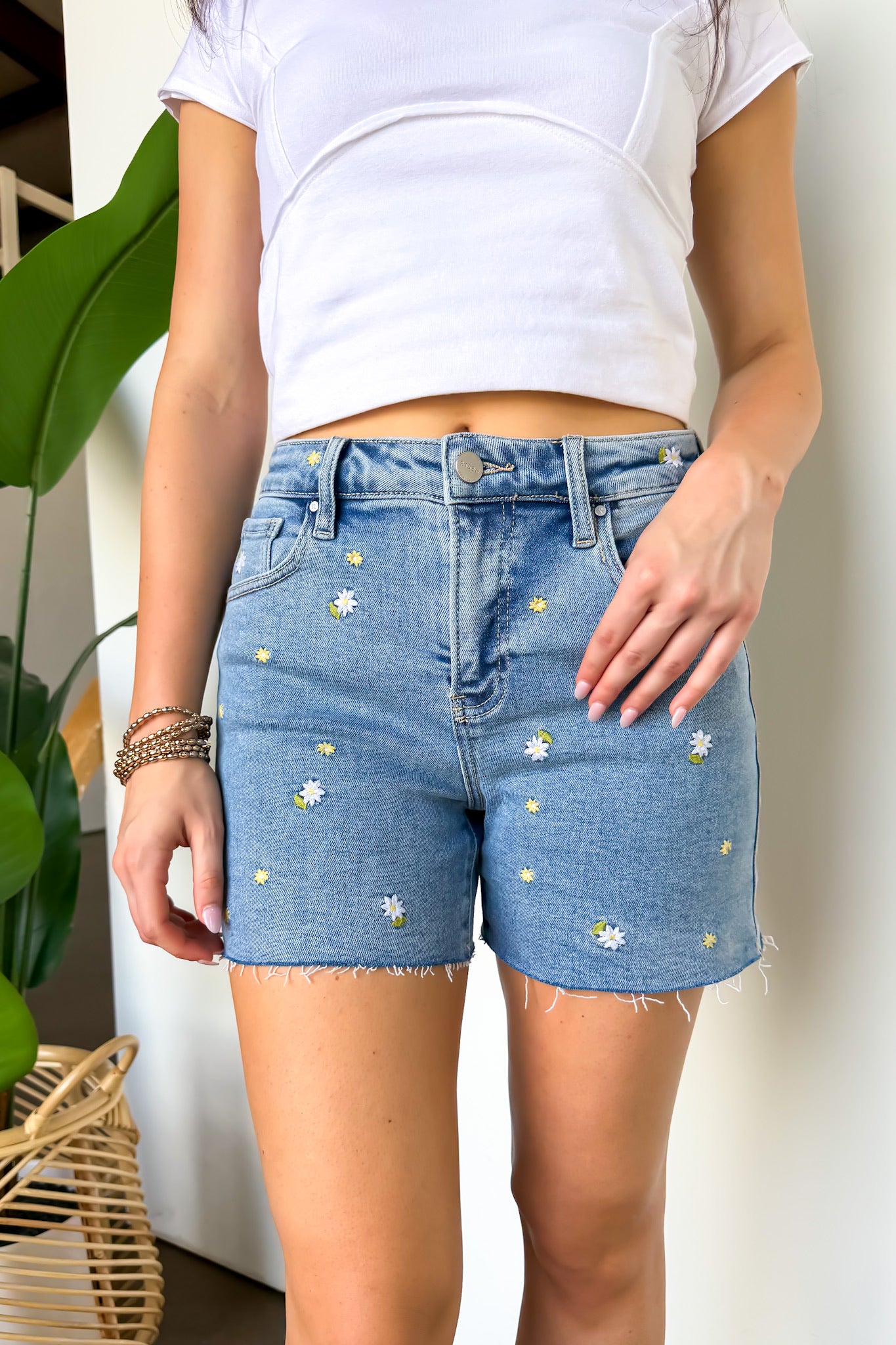 The Bloom Embroidered High Rise Denim Shorts