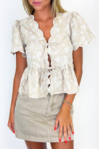 Khaki / S The Bloom Tie Embroidered Scalloped Peplum Top - Madison and Mallory