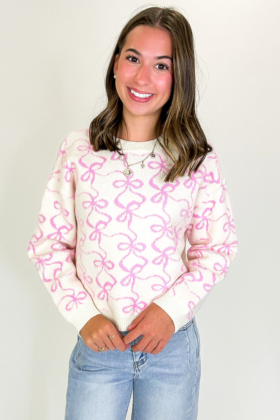 S / Cream/Pink The Bowline Jacquard Knit Relaxed Crop Sweater - Madison and Mallory